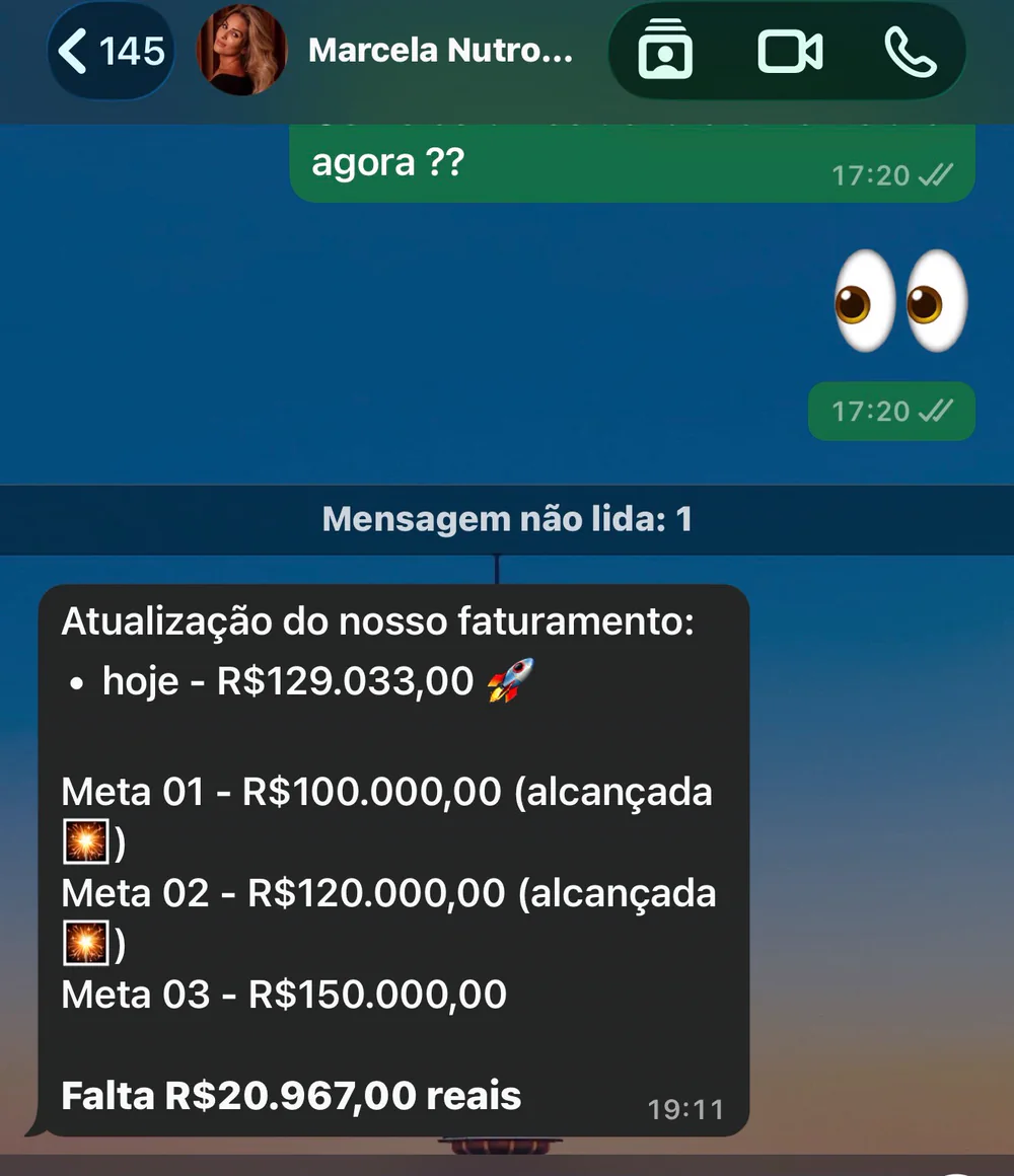 Print de resultado com faturamento diário de R$ 129.033 e duas metas alcançadas