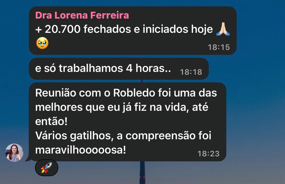 Print de resultado com R$ 20.700 fechados em quatro horas e elogio ao método